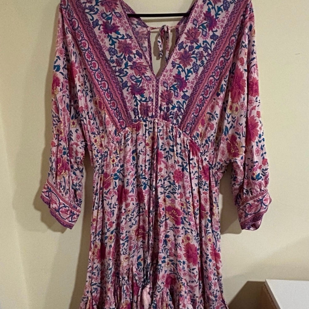 Pink Mini Sundress with Plunge Neckline and Bishop Sleeves